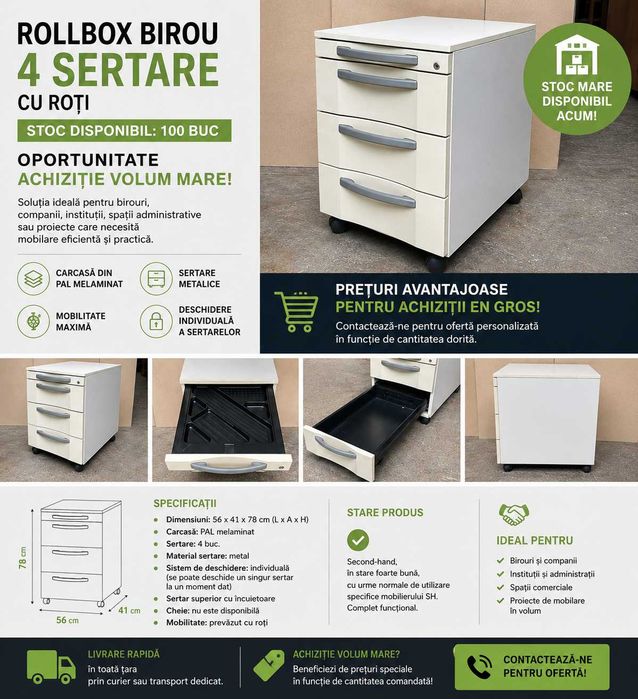 Stoc 100 buc Rollbox Profesional pe rotile cu 4 sertare metalice; Carucior cu sertare; Casatiera; Fiset; Dulap birou