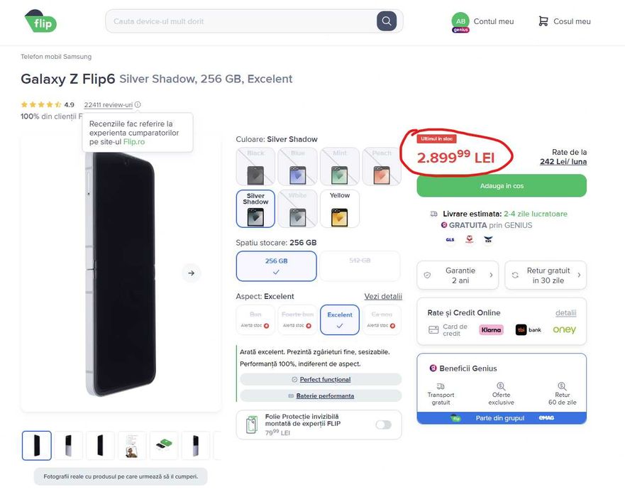 Galaxy Z Flip6 Mint, 256 GB, Excelent (Garantie 1 an)