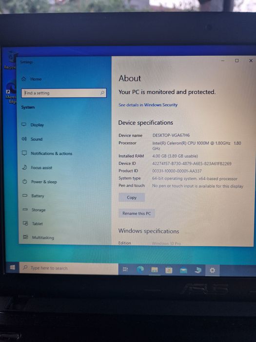 Laptop Asus Hard SSD 250 4Gb RAM, Celeron 1.8 Ghzz