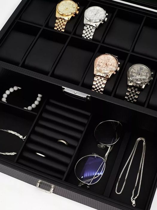 Шкатулка для хранения часов и очков и украшений большая двухуровневая