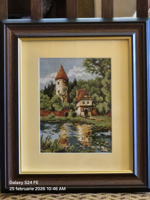 Goblen cusut manual, înrămat, cu punct mic