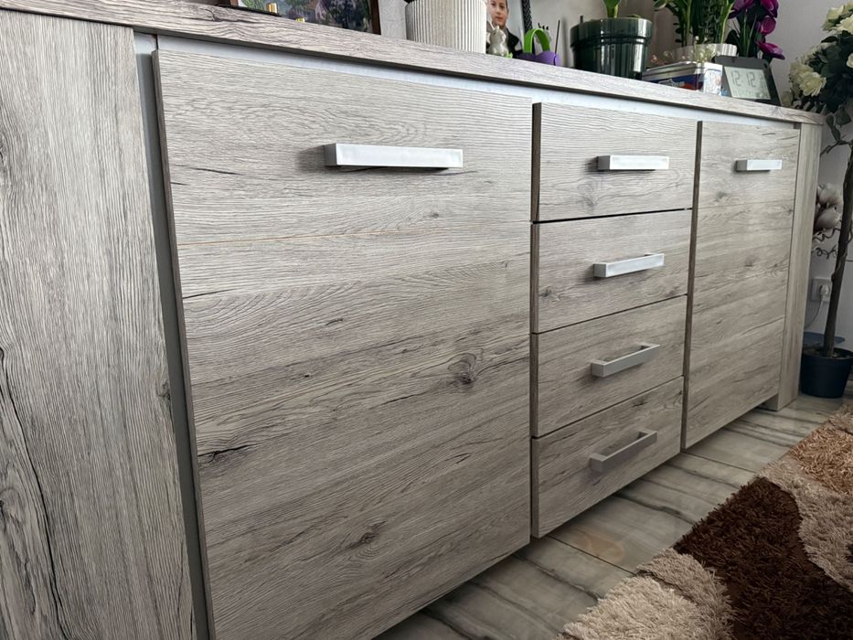 Set mobilier living / dining din PAL – aspect modern, culoare stejar gri