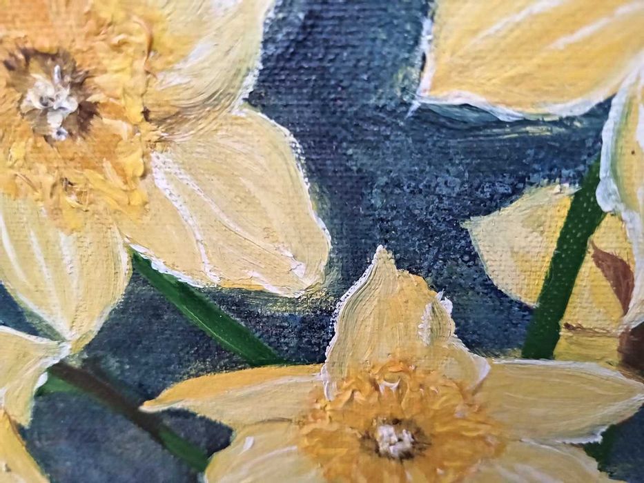 Tablou vechi - narcise in cana - semnat si datat Josy Kenens `67