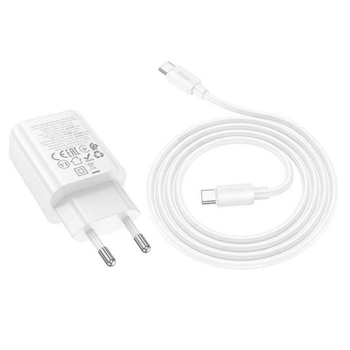 Зарядно за мрежа Hoco N61 / USB A + USB C / 20W PD/QC 3.0 / с кабел Type C към Type C / Бял /