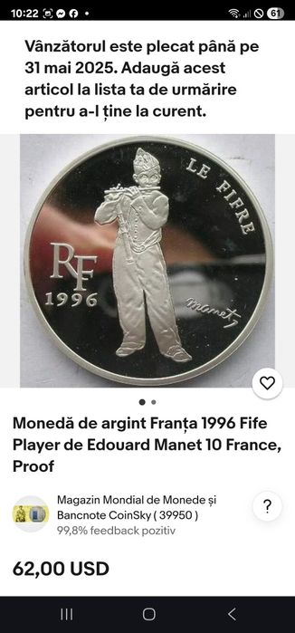 Moneda de argint Franța 1996/Edouard Manet 10 Franci  1  1/2euro