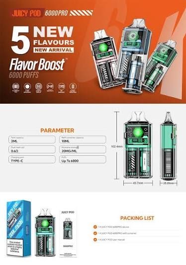 Pachet 2 Bucati Vape 6000 Puffs Reincarcabil Jucy Pod Putere Reglabila