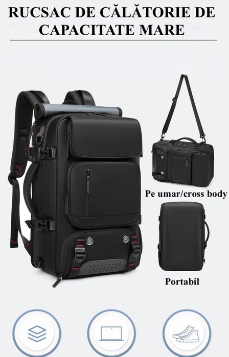Rucsac calatorie/laptop 16” full impermeabil, 35 l, 30x16x46 cm, Negru