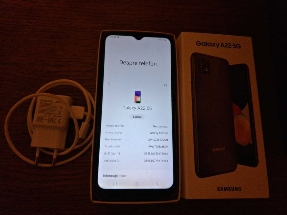 Samsung Galaxy A22 + incarcator si cutie(originale) + husa