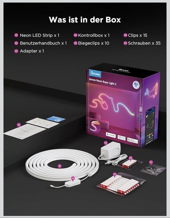 LED лента Govee - Neon Rope Light 2, 5 m, многоцветна