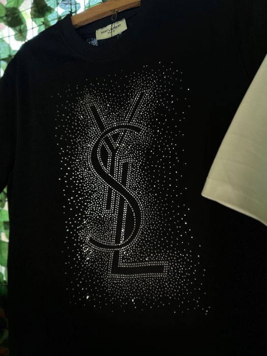 Tricou Saint Laurent alb cu cristale – Premium s-xxl