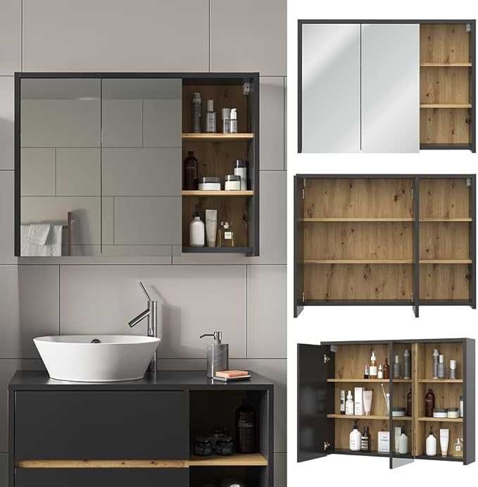 Огледален шкаф за баня Vicco Viola, антрацит/дъб, 100 x 75 см