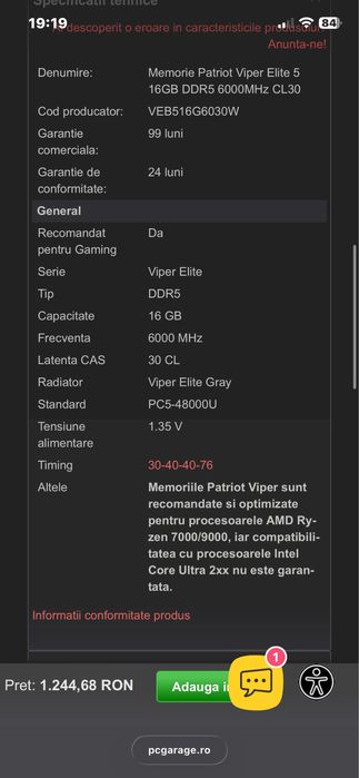 Memorie RAM Patriot Viper 16GB DDR5 6000Mhz CL30