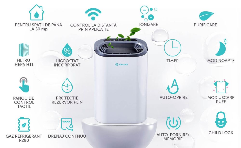 Dezumidificator si purificator AlecoAir D22 22 l /24h,WiFi, HEPA, Ionizare, Uscare Rufe