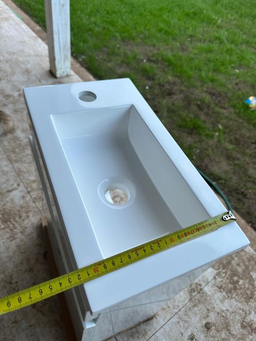 Set mobilier baie Kometmöbel 40 cm cu lavoar și mască, alb lucios, preasamblat