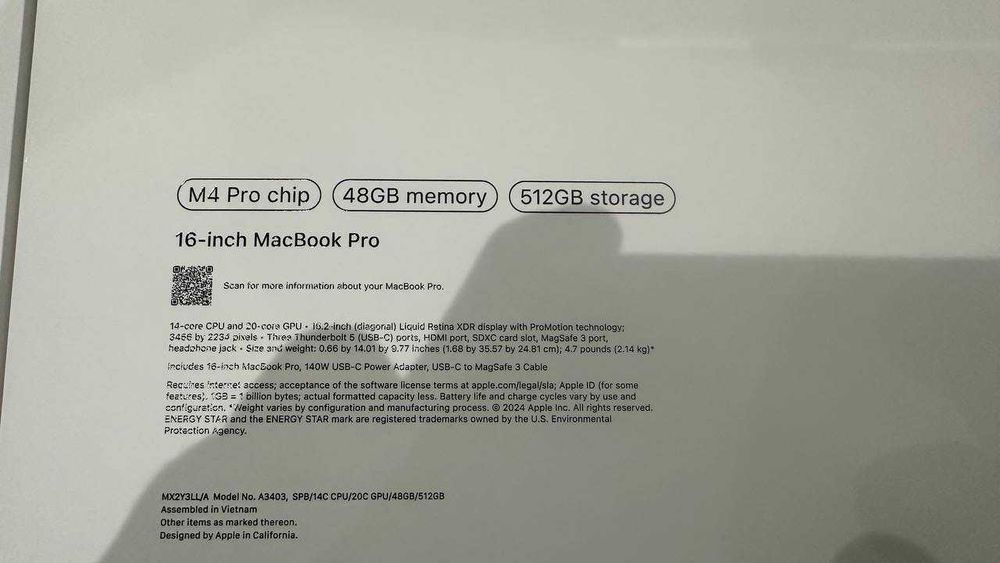 MacBook Pro, M4 Pro chip, 16-inch, 48gb memory, 512gb storage