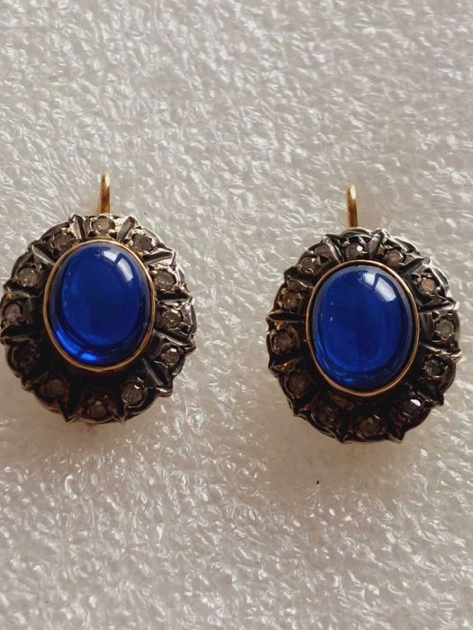 Стари антикварни златни обеци със сапфири и диаманти, злато 14к.
