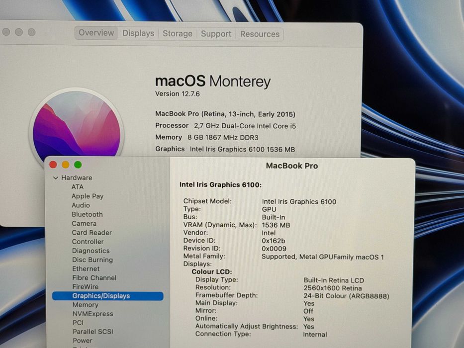 MacBook Pro 13 Retina`Core i5-5257U/8GB RAM/256GB SSD/Бат 10ч/89% Здраве