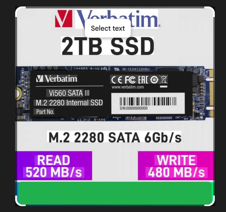 2TB SSD Verbatim Vi560 S3 M.2 2000GB SATA 6Gb/s 2.5 скорост четене/запис 520/480 MB/. диск 2тб ТБ ЧИСТО НОВ за лаптоп или настолен компютър