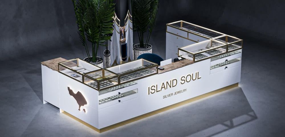 Витрины. Торговый остров для продажи украшений, очков, бижутерии