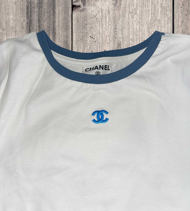 chanel бяла синя тениска шанел слим по тялото памучна лятна блузка топ