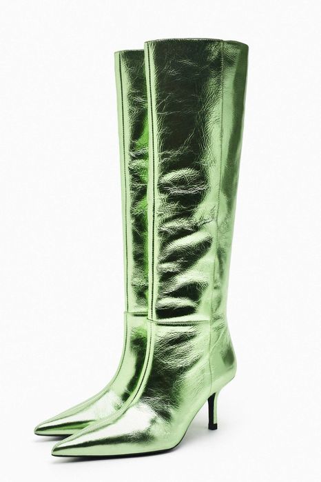 Cizme din piele naturală Zara metalice verde 36