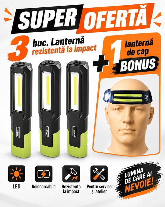 3+1-Gratis!Lanterna led acumulator.Lanterna rezistenta antigel,benzina