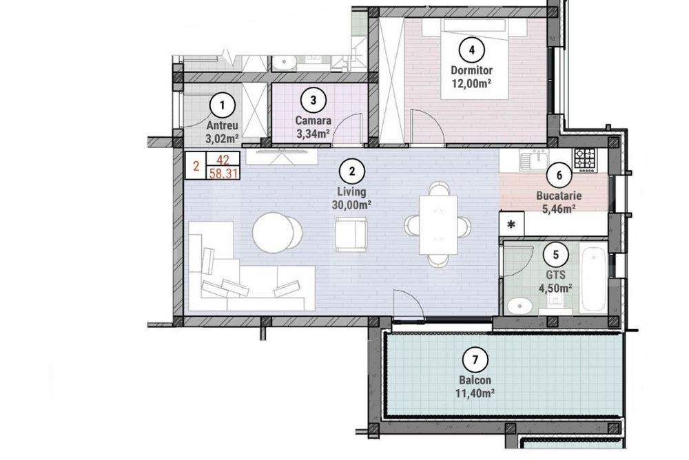 Apartament cu 2 camere 58 mp utili + balcon 11 mp, Mosnita Noua — fotografia 1