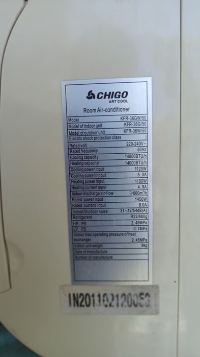 Кондиционер сотилади  Chigo Art cool 12