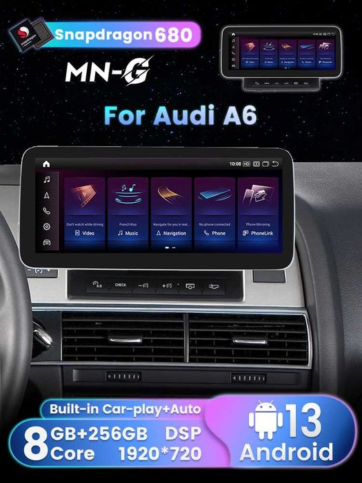 Navigatie Android 14 Audi A6 C6 2009 Carplay Waze YouTube + CAMERA