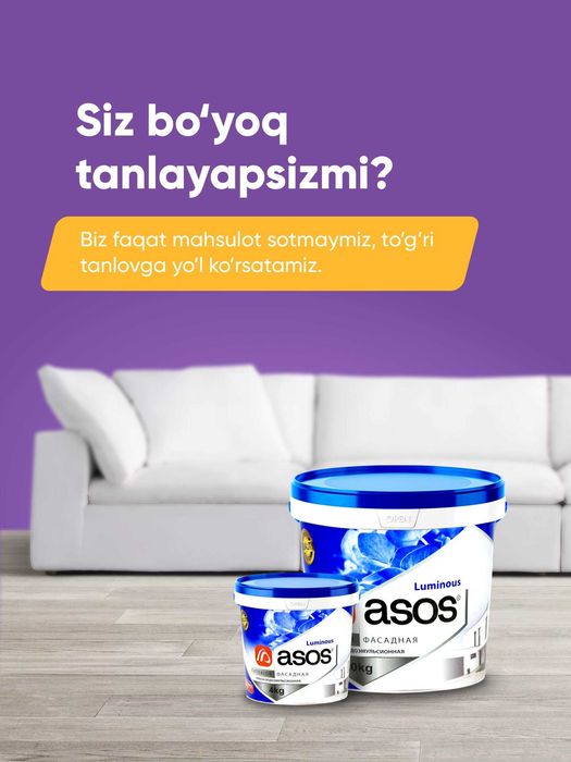 Emulsiya Asos  – ichki va fasad uchun (4 kg / 20 kg) sifatli bo‘yoq