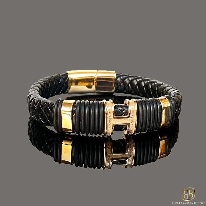 Мъжка Гривна от Кожа и Медицинска Стомана с Позлата