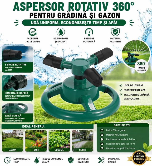Aspersor Rotativ 360° pentru Grădină și Gazon | 3 Brațe Rotative | Conectare Universală