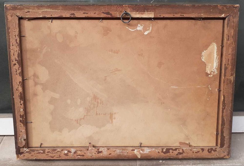 Tablou vechi 1909 - peisaj cu case -  semnat