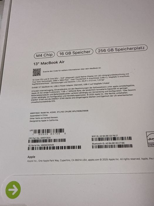 Macbook Air 13 M4 Chip 16Gb R cu 256Gb Noi Sigilate