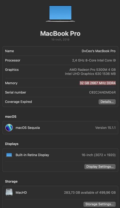 Macbook pro 16 inch 32 GB RAM  Intel Core i9 2,4 GHz 500 Gb SSD