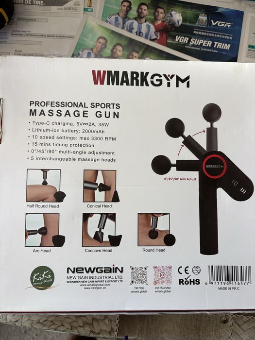 Pistol de masaj profesional WMARK GYM – 5 capete, 10 viteze, 3300 RPM