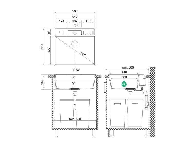 Черна кухненска мивка от гранит Ню Йорк 60 Multispace 580 x 530 мм