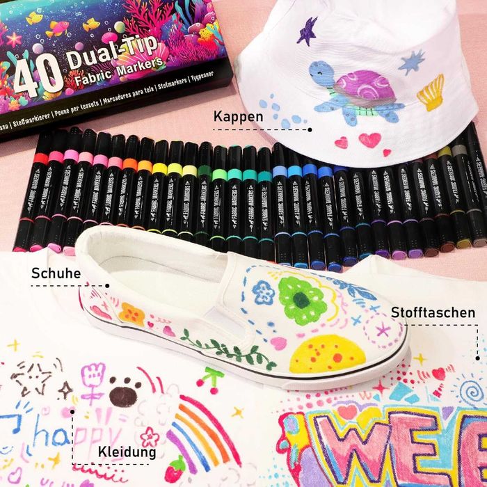 Set 40 Markere Textile cu Vârf Dublu, Permanente și Lavabile la Mașină