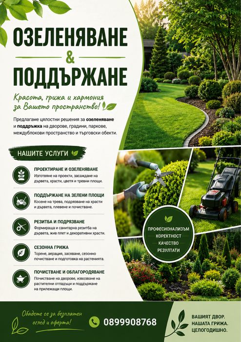 Озеленяване и поддръжка на зелени площи