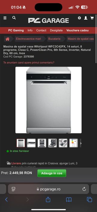 Masina de spalat vase Whirlpool WFC3C42PX, 14 seturi, 8 programe