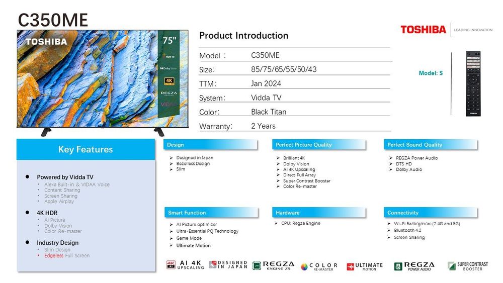 Телевизор TOSHIBA 85C350N New 2024 Модель Смарт 4К
