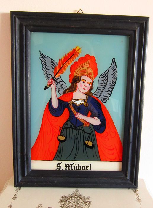 cadou rar tablou pictat pe sticla Sfantul Mihail +Flori, semnate