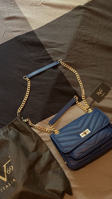Geantă de mână albastră din piele pentru femei V Italia by Versace 1969, culoare albastru