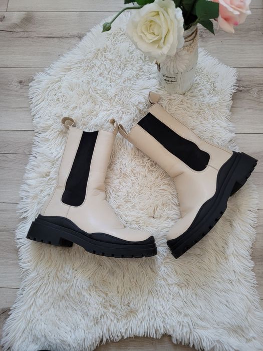 Черни боти естествена кожа MANIFELD, бежови ботуши челси,  черни кубин