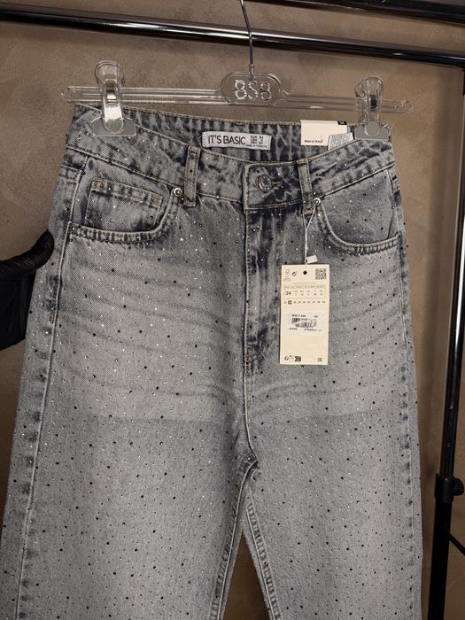 Blugi damă wide leg cu pietricele