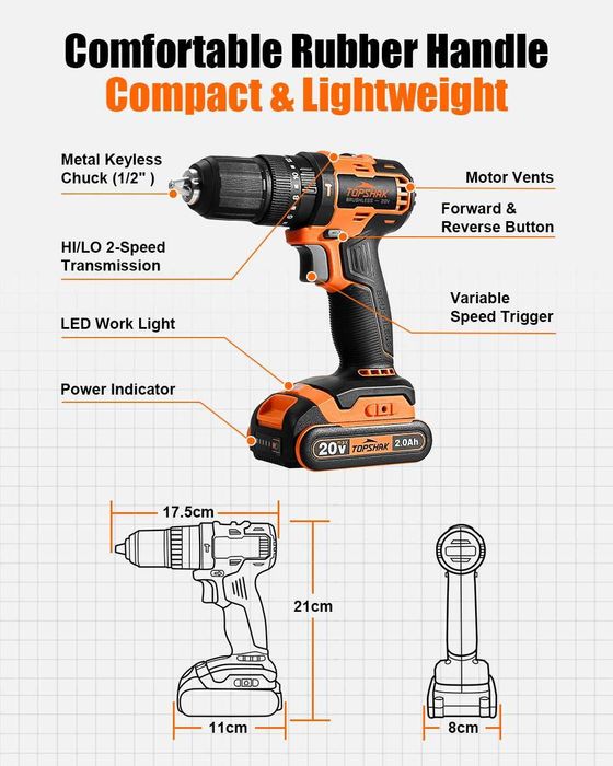 TOPSHAK TS-ED5 20V 13мм - Винтоверт с безчетков мотор