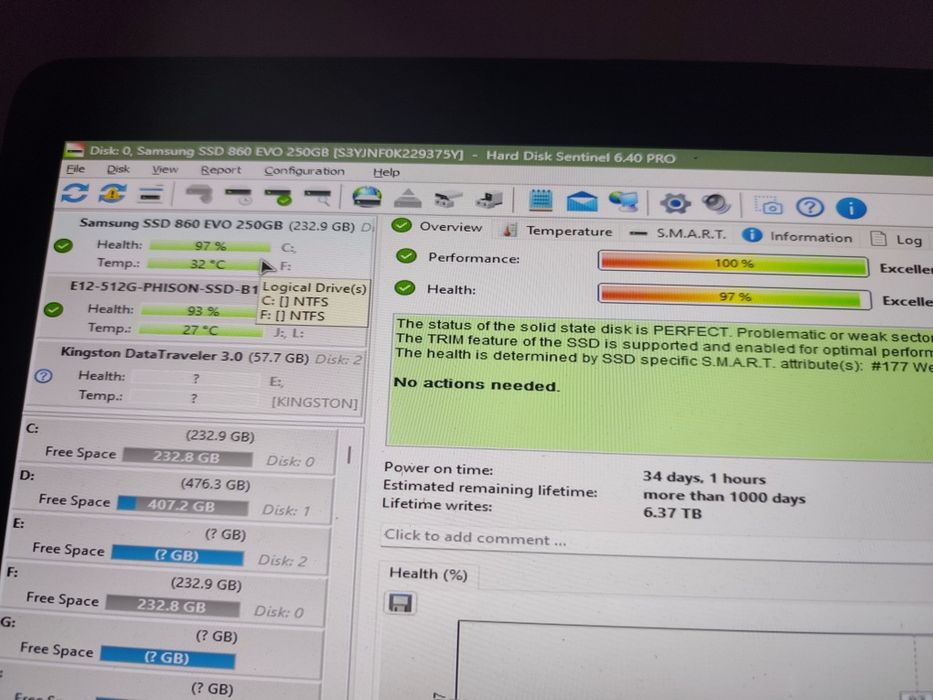 SSD Samsung 860 EVO 250GB SATA 3 2.5” – 97% Health – Testat