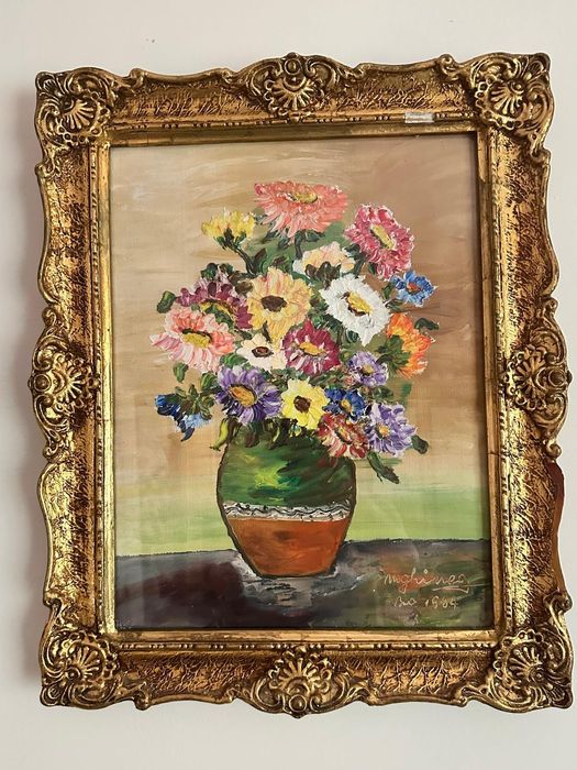 Tablou floral semnat și datat 1984, cu ramă aurie ornamentată