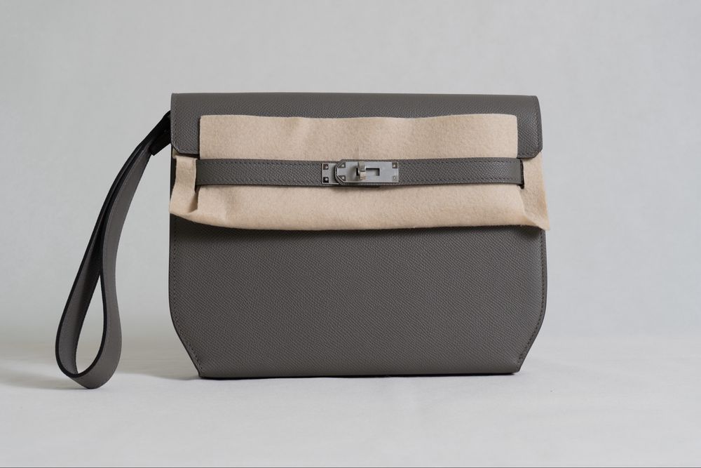 Hermès Kelly Dépêches 25 Epsom Etain, нова, пълен комплект