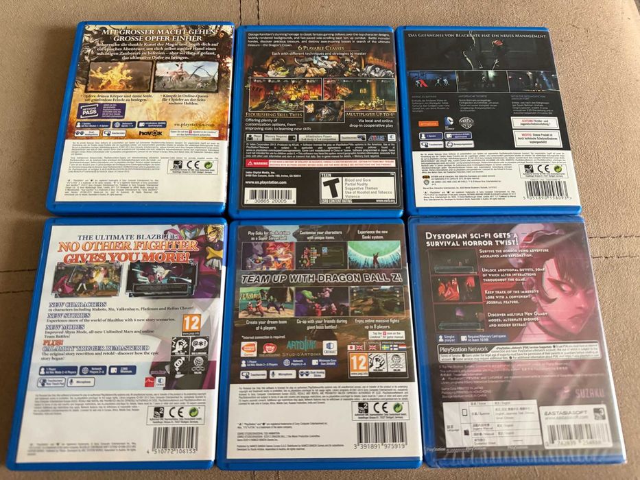 6 игри за PS Vita комплект, Blazblue/DBZ/Soul Sacrifce/Batman/Dragons Crown и Sense Cyberpunk story